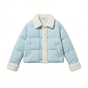 赵露思同款奶蓝色羊羔毛羽绒服女2025新款小个子短款白鸭绒外套冬