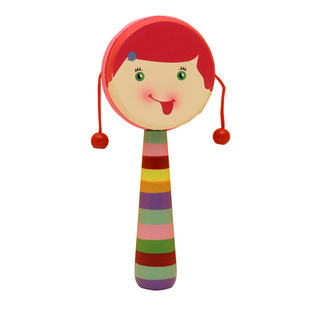 新生儿婴儿玩具拨浪鼓木质玩具0-6-12个月可啃咬羊皮传统玩具男孩