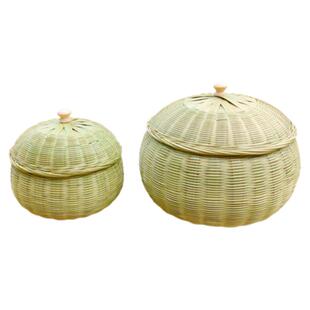 竹编制品菜叶罐南瓜篮家用零食鸡蛋收纳筐带盖子创意编织水果篮