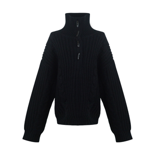 aaaaxbbb 济州橙酒 麻花针织毛衣套头纽扣高领2way休闲韩系上衣女