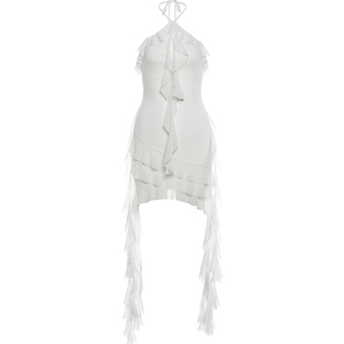 #Sisjuly#小众纯欲辣妹 不规则荷叶边水母飘带修身挂脖式连衣裙女