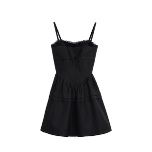 1XTWO 轻奢千金 赫本风短款吊带连衣裙女收腰蓬蓬裙蕾丝小黑裙