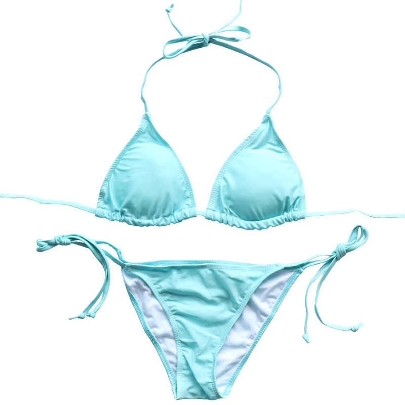 外贸锦纶黑色比基尼绑带聚胸泳装胸垫三点式bikini温泉泳衣大码女