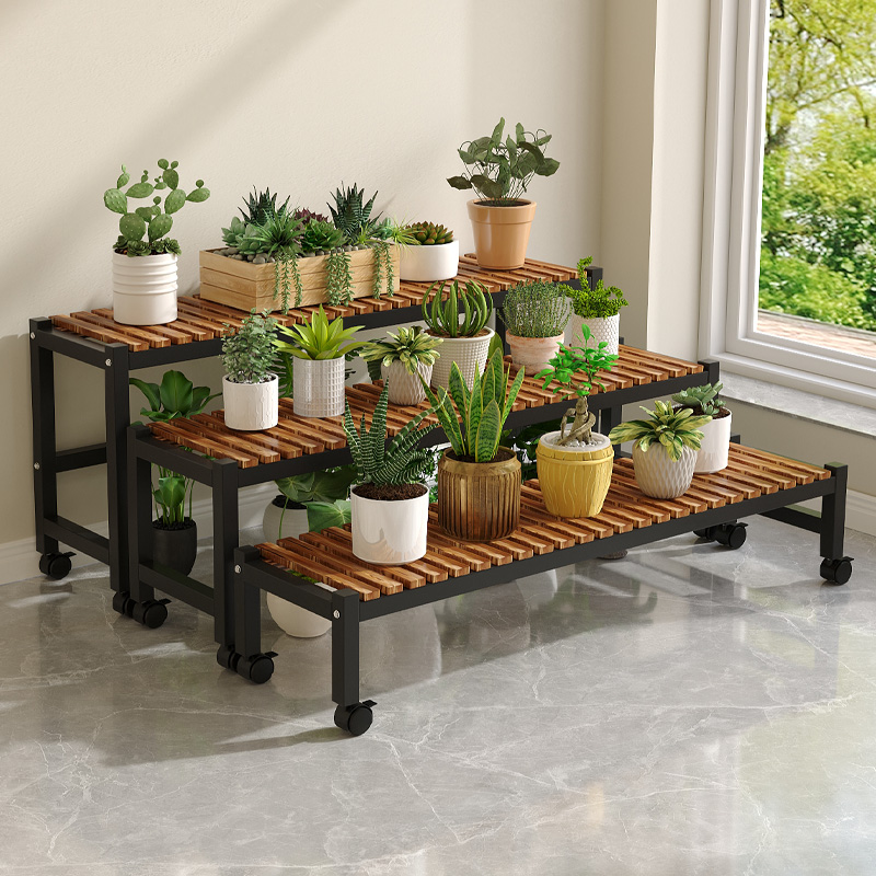 阳台花架置物架实木长条移动带轮防腐木室内户外落地绿萝花盆架子