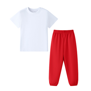 儿童合唱演出服夏令营团体操服装小学生班服白色上衣红色裤子套装