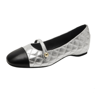 真皮内增高玛丽珍鞋女2026年配裙子小香风菱格纹拼色银色平底单鞋