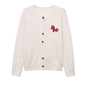 撞色小马贴布针织开衫女春流行韩系通勤百搭显瘦薄款过年红色毛衣