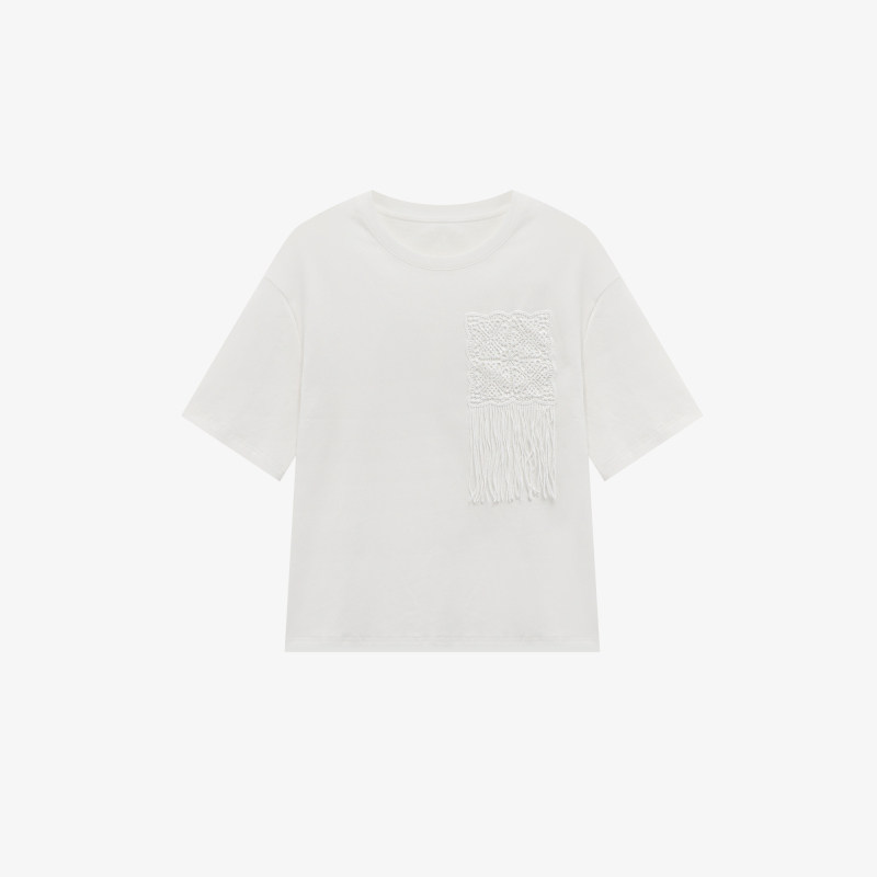 Basic House/百家好极简白色蕾丝拼接圆领短袖T恤通勤套头上衣女