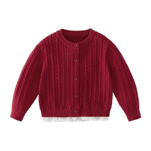 [7A抑菌]女童纯棉针织衫2026新款儿童红色软毛衣宝宝上衣小童开衫