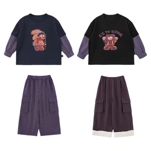 幼悠 男童春季套装儿童格子休闲裤撞色格纹假两件T恤工装直筒裤子