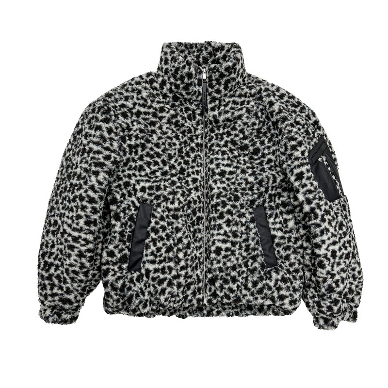 HOMME DE MODE豹纹加厚羊羔毛羽绒服宽松休闲保暖高领白鸭绒外套
