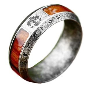 维京卢恩文字世界树戒指镶木纹男女复古银色生命之树钛钢指环嘻哈