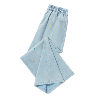 史努比女童裤子夏薄款长裤2026新款大童阔腿裤儿童夏季天丝牛仔裤