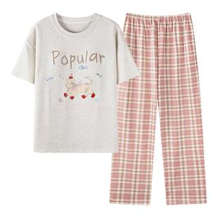 卡之恋睡衣女款2026新款夏季纯棉短袖长裤格子猫咪印花家居服套装