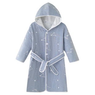 连帽带扣儿童浴袍纯棉纱布吸水毛巾料男士男孩大童游泳浴巾父子装