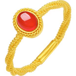 周六福黄金戒指女足金玛瑙几何女戒枝枝红豆黄金镶嵌送新年礼物