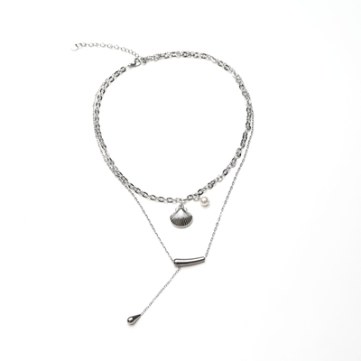 贝壳纹理设计感珍珠项链配饰女流苏吊坠颈链双层叠戴项链锁骨链