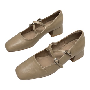 粗跟方头玛丽珍鞋仙女风中跟交叉带单鞋子女春秋2026新款高跟鞋