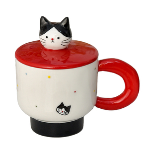 小猫小狗陶瓷马克杯带盖子高脚早餐杯情侣款家用高颜值小众设计感