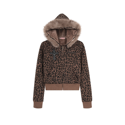 豹纹加绒加厚短款显瘦卫衣外套