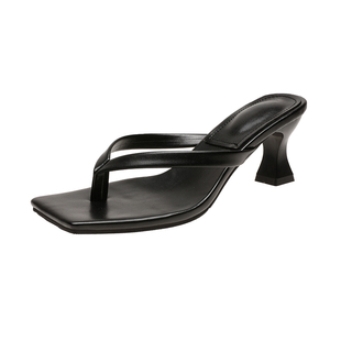 黑色夹趾凉鞋女人字拖高跟细跟夹脚外穿时尚百搭拖鞋方头凉拖夏季