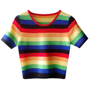 复古ins洋气彩虹条纹冰丝针织T恤女夏圆领紧身短款高腰露脐上衣潮