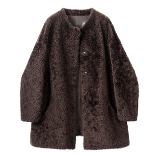 赛巴盾西班牙拉贡羊皮毛一体女士中长款圆领真皮皮草廓肩冬装外套