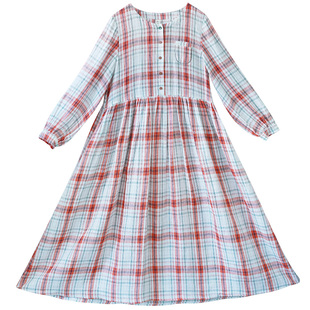 【溪鸟山花】圆领亚麻格子连衣裙女2025春季新款拼接温柔大气长裙