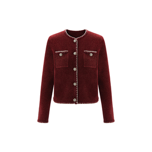 MELINDA LI【红丝绒套装】定染色天鹅绒小香风针织毛衣开衫直筒裙