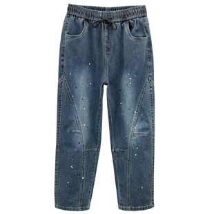 2026春季新品大码胖mm女裤减龄泼墨点牛仔裤弹力显瘦松紧腰直筒裤