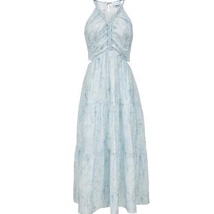 ONLY2025夏季新款浪漫花卉印花显瘦腰部镂空挂脖V领绑带连衣裙女