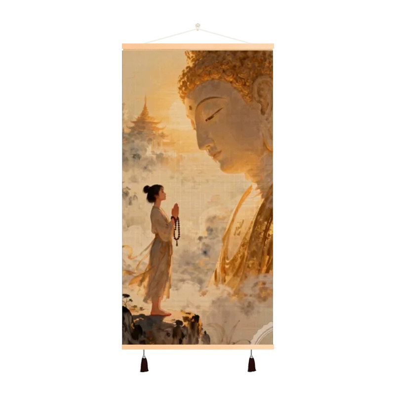 新中式复古禅意少女竹编挂画茶室客厅玄关装饰画禅意古风卷轴挂画