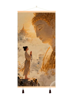 新中式复古禅意少女竹编挂画茶室客厅玄关装饰画禅意古风卷轴挂画