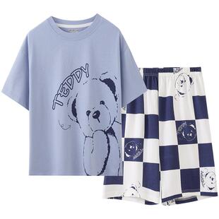 英博伦夏季薄款男童睡衣纯棉青少年男大童短袖套装男孩空调家居服