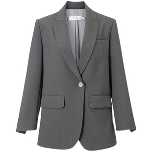 HUI卉青灰色松身款环保ATY面料经典版一粒扣九分袖西装外套