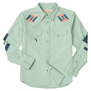 美式复古纳瓦霍绣花做旧西部牛仔衬衫春秋阿美咔叽修身长袖衬衣男