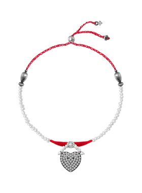 TWOR纯银红丝绒满钻爱心珍珠手链