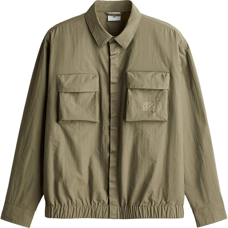 HM男装夹克秋季巴恩风宽松帅气翻领印花尼龙外套式衬衫1214779