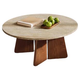 实木天然圆形洞石茶几小户型客厅家用民宿复古侘寂风咖啡桌子