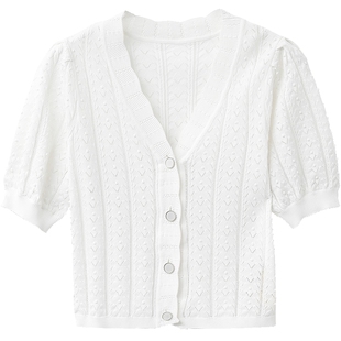 NEELLY纳俪商场同款夏季短袖V领针织衫女透气镂空上衣小衫简约