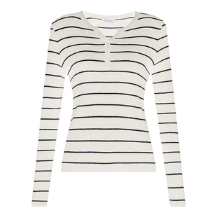 Petit Bari女士条纹针织羊毛薄衫 简约风条纹针织衫小V领长袖