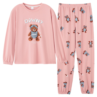 紧口袖睡衣女秋季长袖纯棉高级感束脚可外穿套装可爱小熊家居服冬