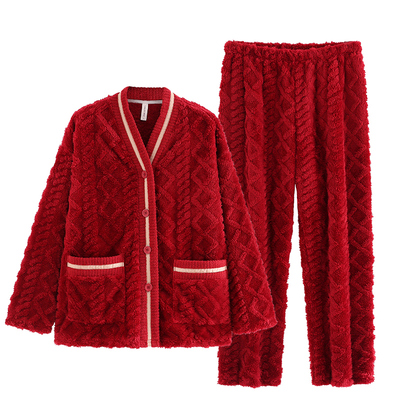 睡衣女珊瑚绒冬红色结婚新婚套装