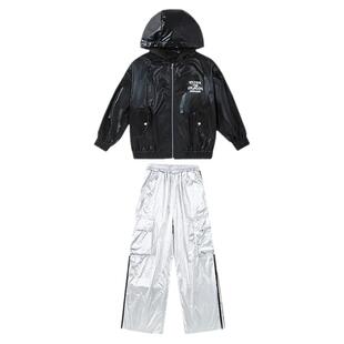 街舞儿童演出服男童套装hiphop嘻哈黑色皮衣连帽外套银色裤子亮面