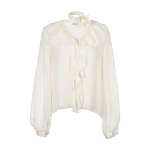 LYNEE【黑标系列】伊丽莎白玫瑰荷叶边上衣设计感v领长袖真丝衬衫