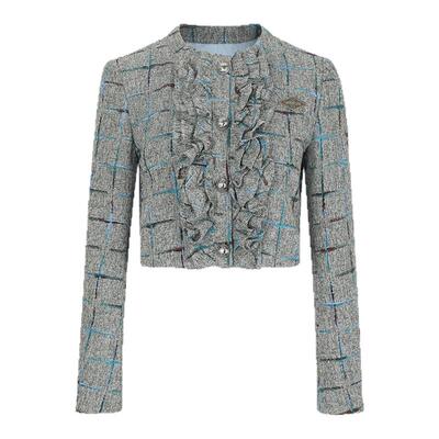 灰色撞色渐变格纹花边短外套