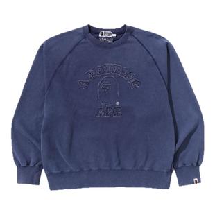 BAPE男装24年秋冬做旧感水洗猿人字母磨损刺绣圆领卫衣113001N