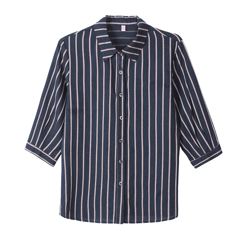 中袖竖条纹女士衬衣2025夏季新款妈妈上衣七分袖纯棉衬衫显瘦开衫