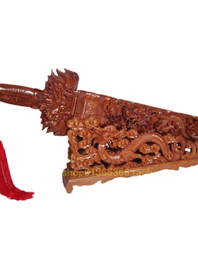 二龙戏珠台剑桃木剑风水摆件