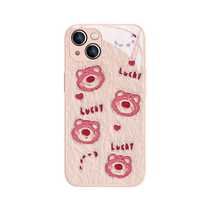 适用15苹果14手机壳草莓熊iPhone13promax可爱ip12mini小众xsmax油画xr女款7plus高级感11玻璃xs新款8硬壳px